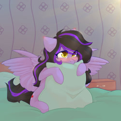 Size: 1224x1224 | Tagged: safe, artist:shini951, derpibooru import, oc, oc only, pegasus, pony, bed, blushing, commission, hug, pillow, pillow hug, solo, your character here