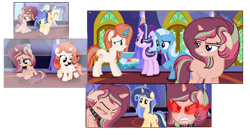 Size: 1280x691 | Tagged: safe, artist:stardustsentryyt105, derpibooru import, starlight glimmer, trixie, oc, oc:crimson ruby, oc:star dust, oc:sunrise ruby, pony, unicorn, alicorn amulet, base used, cupcake, cutiespark, female, filly, food, next generation, offspring, parent:flash sentry, parent:starlight glimmer, parent:sunburst, parent:twilight sparkle, parents:flashlight, parents:starburst