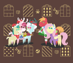 Size: 2160x1872 | Tagged: safe, anonymous artist, derpibooru import, alice the reindeer, aurora the reindeer, big macintosh, bori the reindeer, fluttershy, oc, oc:late riser, deer, earth pony, pegasus, pony, reindeer, series:fm holidays, series:hearth's warming advent calendar, abstract background, advent calendar, baby, baby pony, boop, christmas, clothes, colt, female, fluttermac, hat, hat off, hearth's warming, holding a pony, holiday, lineless, male, offspring, pacifier, parent:big macintosh, parent:fluttershy, parents:fluttermac, pointy ponies, santa hat, shipping, straight, sweater, the gift givers, tongue out, turtleneck, winter outfit