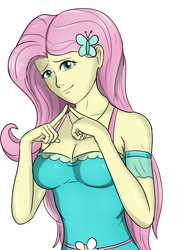 Size: 4961x7016 | Tagged: safe, artist:symptom99, derpibooru import, fluttershy, equestria girls, breasts, clothes, hootershy, looking at you, simple background, solo, white background