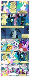 Size: 612x1552 | Tagged: safe, derpibooru import, edit, edited screencap, screencap, applejack, fluttershy, pinkie pie, princess celestia, queen chrysalis, rainbow dash, rarity, twilight sparkle, unicorn twilight, alicorn, changeling, changeling queen, earth pony, pegasus, pony, unicorn, comic:friendship is dragons, a canterlot wedding, angry, background pony audience, bowtie, clothes, comic, dialogue, dress, eyelashes, female, flower, flower in hair, freckles, frown, indoors, jewelry, male, mane six, mare, necklace, newbie artist training grounds, pearl necklace, peytral, screencap comic, stallion, tiara