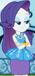 Size: 945x2045 | Tagged: safe, derpibooru import, screencap, rarity, equestria girls, equestria girls series, sock it to me, sock it to me: rarity, spoiler:choose your own ending (season 2), spoiler:eqg series (season 2), canterlot high, clothes, cropped, crossed arms, cute, dress, female, geode of shielding, gold, jewelry, legs, lidded eyes, magical geodes, necklace, outdoors, raribetes, rarity peplum dress, skirt, sleeveless, smiling, soccer field, wrist cuffs