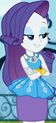 Size: 937x2045 | Tagged: safe, derpibooru import, screencap, rarity, equestria girls, equestria girls series, sock it to me, sock it to me: rarity, spoiler:eqg series (season 2), canterlot high, clothes, cropped, crossed arms, cute, dress, female, geode of shielding, gold, jewelry, legs, lidded eyes, magical geodes, necklace, outdoors, raribetes, rarity peplum dress, skirt, sleeveless, smiling, soccer field, wrist cuffs