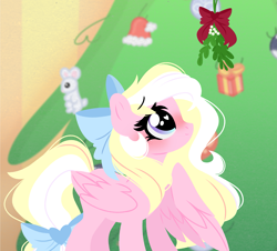 Size: 2581x2337 | Tagged: safe, artist:emberslament, derpibooru import, oc, oc only, oc:bay breeze, pegasus, pony, blushing, bow, christmas, christmas tree, cute, female, hair bow, heart eyes, holiday, lineless, looking up, mare, mistletoe, ocbetes, solo, tail bow, tree, wingding eyes