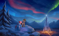 Size: 2840x1745 | Tagged: safe, artist:emeraldgalaxy, derpibooru import, oc, oc:languorld, oc:red diamond, earth pony, pony, unicorn, aurora borealis, commission, crystal empire, hill, male, mountain, pine tree, scenery, scenery porn, snow, stallion, tree