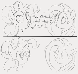 Size: 601x578 | Tagged: safe, artist:dotkwa, derpibooru import, fluttershy, pinkie pie, earth pony, pegasus, pony, 2 panel comic, comic, dialogue, distortion, grayscale, hollow, monochrome, ponk, ponkie poy, shrunken pupils, squish, wavy mouth