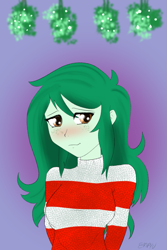 Size: 667x1000 | Tagged: safe, artist:empyu, derpibooru import, wallflower blush, equestria girls, 30 minute art challenge, blushing, blushing profusely, clothes, gradient background, looking at you, mistletoe, simple background, solo, sweater