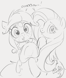 Size: 573x680 | Tagged: safe, artist:dotkwa, derpibooru import, fluttershy, oc, oc:deary dots, pegasus, pony, female, frog (hoof), grayscale, monochrome, underhoof