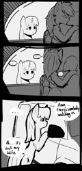 Size: 465x969 | Tagged: safe, artist:owlnon, derpibooru import, rainbow dash, twilight sparkle, unicorn twilight, oc, oc:anon, human, pegasus, pony, unicorn, ..., bipedal, car, comic, dialogue, drawthread, female, grayscale, infidelity, kissing, male, monochrome, straight