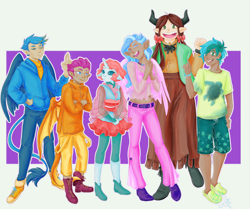 Size: 3024x2532 | Tagged: safe, artist:himram, derpibooru import, gallus, ocellus, sandbar, silverstream, smolder, yona, human, converse, elf ears, female, horn, horned humanization, humanized, male, shoes, student six, winged humanization, wings