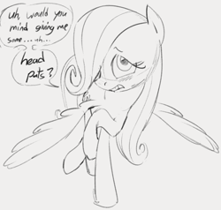 Size: 775x738 | Tagged: safe, artist:dotkwa, derpibooru import, fluttershy, pegasus, pony, bronybait, cute, female, grayscale, monochrome, nervous, pet request, shyabetes, solo, weapons-grade cute, wings, younger