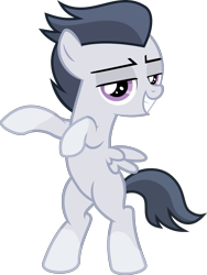 Size: 2204x2928 | Tagged: safe, artist:sollace, derpibooru import, edit, editor:slayerbvc, rumble, pegasus, pony, marks and recreation, .svg available, bipedal, coat markings, colt, cute, grin, lidded eyes, looking at you, looking back, male, raised hooves, rumblebetes, simple background, smiling, socks (coat marking), solo, transparent background, vector, vector edit
