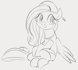 Size: 551x495 | Tagged: safe, artist:dotkwa, derpibooru import, fluttershy, pegasus, pony, 90s grunge fluttershy, backwards ballcap, baseball cap, cap, female, gameloft interpretation, hat, mare, monochrome, sitting, sketch, smiling, solo