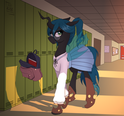 Size: 3290x3088 | Tagged: safe, artist:alicetriestodraw, derpibooru import, queen chrysalis, changeling, changeling queen, backpack, blouse, clothes, dork, dorkalis, female, glasses, nerd, ponytail, round glasses, school, school uniform, skirt, solo