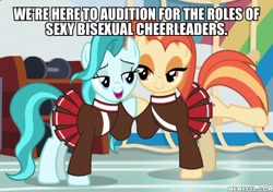 Size: 600x423 | Tagged: safe, derpibooru import, edit, edited screencap, screencap, lighthoof, shimmy shake, earth pony, pony, 2 4 6 greaaat, caption, cheerleader, cheerleader outfit, clothes, female, image macro, mare, memeful.com, raised leg, text