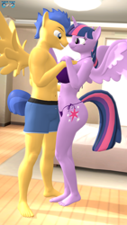 Size: 1080x1920 | Tagged: safe, artist:daveman1000, derpibooru import, part of a set, flash sentry, twilight sparkle, twilight sparkle (alicorn), alicorn, anthro, pegasus, plantigrade anthro, 3d, bare chest, barefoot, bedroom, big breasts, bikini, breasts, clothes, different angle, feet, female, flashlight, headlight sparkle, male, nose to nose, sfm pony, shipping, shorts, source filmmaker, spread wings, straight, swimsuit, thighlight sparkle, thighs, wings