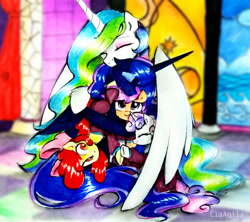 Size: 949x842 | Tagged: safe, artist:liaaqila, derpibooru import, apple bloom, princess celestia, princess luna, scootaloo, sweetie belle, alicorn, earth pony, pegasus, pony, unicorn, adorabloom, cute, cutealoo, cutelestia, cutie mark crusaders, diasweetes, female, group hug, hug, lunabetes, scootalove, siblings, sisters, spacesuit, winghug