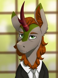 Size: 2000x2692 | Tagged: safe, artist:twotail813, derpibooru import, oc, oc:fickle current, kirin, equestria at war mod, bust, clothes, horn, kirin oc, looking at you, male, portrait