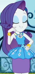 Size: 983x2045 | Tagged: safe, derpibooru import, screencap, rarity, better together, equestria girls, sock it to me, sock it to me: rarity, canterlot high, clothes, cropped, cute, diamond, dress, eyes closed, female, geode of shielding, gold, hand on hip, jewelry, legs, magical geodes, necklace, outdoors, raribetes, rarity peplum dress, skirt, sleeveless, smiling, soccer field, waistband, wrist cuffs