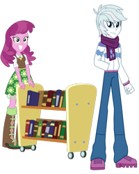 Size: 1200x1498 | Tagged: safe, artist:ferrokiva, artist:masem, derpibooru import, edit, cheerilee, double diamond, equestria girls, absurd resolution, bookcart, clothes, doublecheer, equestria girls-ified, female, male, scarf, shipping, simple background, straight, transparent background, vector