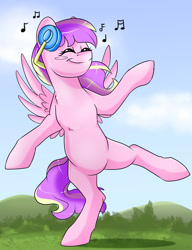 Size: 1159x1512 | Tagged: safe, artist:ali-selle, derpibooru import, oc, oc:quirky craft, pegasus, commission, dancing, eyes closed, happy, music, smiling, solo, ych result