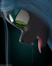 Size: 2024x2560 | Tagged: safe, alternate version, artist:radiomann01, derpibooru import, queen chrysalis, changeling, changeling queen, 3d, cycles, drool, drool string, fangs, female, high res, looking in the distance, mane, mawshot, open mouth, render, salivating, sharp teeth, side view, simple background, smiling, solo, teeth, tongue out, uvula