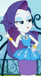 Size: 1107x2045 | Tagged: safe, derpibooru import, screencap, rarity, better together, equestria girls, sock it to me, sock it to me: rarity, canterlot high, clothes, cropped, cute, diamond, dress, female, geode of shielding, gold, hand on hip, jewelry, legs, lidded eyes, magical geodes, necklace, outdoors, raribetes, rarity peplum dress, skirt, sleeveless, smiling, soccer field, waistband, wrist cuffs