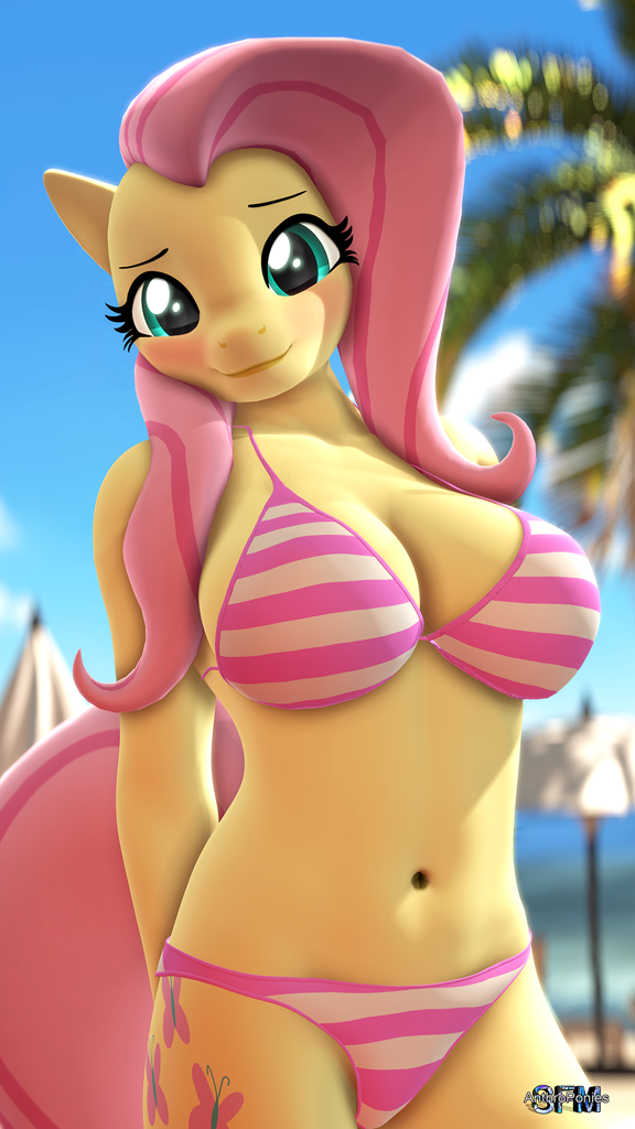 bikini top, blushing, breasts, busty fluttershy, cleavage, clothes, cute, f...