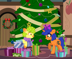 Size: 2500x2028 | Tagged: safe, artist:dianamur, artist:minty joy, derpibooru import, oc, oc:pineapone, oc:twist cable, earth pony, pony, unicorn, base used, christmas, christmas lights, christmas tree, clothes, earth pony oc, gift wrapped, grin, holiday, horn, present, raised hoof, scarf, smiling, tree, unicorn oc