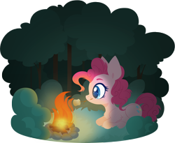 Size: 4000x3272 | Tagged: safe, artist:belka-sempai, derpibooru import, pinkie pie, earth pony, pony, campfire, chest fluff, colored pupils, female, food, forest, high res, leg fluff, lying down, mare, marshmallow, mouth hold, ponyloaf, profile, prone, simple background, solo, stick, transparent background