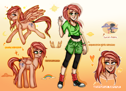 Size: 1584x1152 | Tagged: safe, artist:lelka-philka, derpibooru import, oc, oc only, oc:stormy winds, human, pegasus, pony, equestria girls, alternate hairstyle, belly button, clothes, converse, female, freckles, grin, heterochromia, hoodie, humanized, jewelry, leggings, mare, midriff, nail polish, necklace, raised hoof, raised leg, reference sheet, shoes, shorts, smiling, socks, solo, tanktop, wristband