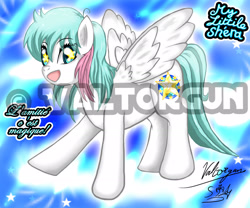 Size: 2045x1700 | Tagged: safe, artist:valtorgun-le-grand, derpibooru import, oc, oc only, pegasus, pony, obtrusive watermark, pegasus oc, signature, smiling, solo, starry eyes, watermark, wingding eyes, wings