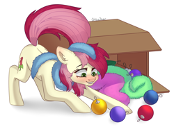 Size: 2500x1832 | Tagged: safe, artist:chibadeer, derpibooru import, roseluck, earth pony, pony, behaving like a cat, blushing, box, christmas ornament, cute, cuteluck, decoration, female, fluffy, mare, pony pet, rosepet, solo