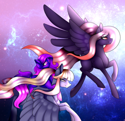 Size: 1500x1450 | Tagged: safe, artist:minelvi, derpibooru import, oc, oc only, oc:sirius, oc:vega, pegasus, pony, eyelashes, female, flying, mare, pegasus oc, siblings, sisters, stars, wings