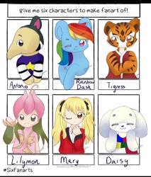 Size: 791x929 | Tagged: safe, artist:cinnamice, derpibooru import, anthro, big cat, dog, human, pegasus, pony, tiger, animal crossing, anteater, anthro with ponies, bust, clothes, crossed arms, crossover, digimon, eyes closed, female, kakegurui, kung fu panda, lillymon, male, mare, one eye closed, six fanarts, smiling, wink