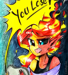 Size: 855x935 | Tagged: safe, artist:liaaqila, derpibooru import, sunset satan, sunset shimmer, equestria girls, commission, controller, fire hair, rageset shimmer, that pony sure have anger issues, transformation, video game