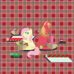 Size: 2160x2160 | Tagged: safe, anonymous artist, derpibooru import, big macintosh, fluttershy, bird, earth pony, owl, pegasus, pony, series:fm holidays, series:hearth's warming advent calendar, advent calendar, christmas, clothes, coffee mug, female, fluttermac, holiday, hoof hold, lineless, male, mug, plaid, plaid background, plushie, pointy ponies, present, ribbon, scarf, shipping, sitting, straight, tape, wrapping, wrapping paper