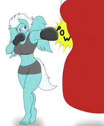 Size: 1301x1588 | Tagged: safe, artist:matchstickman, fleetfoot, anthro, pegasus, barefoot, boxing, boxing gloves, clothes, descriptive noise, female, onomatopoeia, punching bag, simple background, solo, sports, white background, white mane, white tail