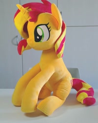 Size: 1440x1800 | Tagged: safe, artist:nekokevin, sunset shimmer, pony, unicorn, chair, female, irl, mare, photo, plushie, side view, sitting, smiling, solo, table