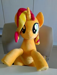 Size: 1536x2048 | Tagged: safe, artist:nekokevin, sunset shimmer, pony, unicorn, chair, female, irl, looking at you, mare, photo, plushie, sitting, smiling, solo, table, underhoof