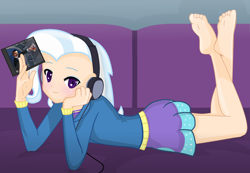 Size: 2010x1390 | Tagged: safe, artist:grapefruitface1, derpibooru import, trixie, equestria girls, anime, anime style, barefoot, blue oyster cult, blushing, cd, clothes, feet, feet in the air, hand on cheek, headphones, hoodie, listening, listening to music, looking at you, lying down, sofa, soles, solo, the pose