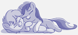 Size: 2208x996 | Tagged: safe, artist:heretichesh, derpibooru import, crackle pop, liza doolots, petunia, tootsie flute, earth pony, pony, unicorn, colt, cuddling, eyes closed, female, filly, happy, hug, lying down, male, monochrome, on back, shipping, smiling, straight, tootsiepop