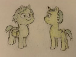 Size: 3229x2460 | Tagged: safe, artist:nbj, derpibooru import, oc, oc only, oc:errant, oc:omega fuse, earth pony, pony, unicorn, bag, colored pencil drawing, earth pony oc, horn, looking at each other, saddle bag, simple background, traditional art, unicorn oc