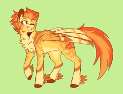 Size: 1952x1502 | Tagged: safe, artist:_pretzelprince_, artist:dazzledoves, derpibooru import, spitfire, pegasus, pony, chest fluff, coat markings, colored hooves, colored wings, female, green background, leg fluff, looking back, mare, one eye closed, raised hoof, simple background, solo, standing, wings