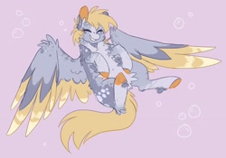 Size: 1928x1350 | Tagged: safe, artist:_pretzelprince_, artist:dazzledoves, derpibooru import, derpy hooves, pegasus, pony, alternate design, chest fluff, colored hooves, colored wings, colored wingtips, eyes closed, female, fluffy, happy, large wings, leg fluff, mare, pale belly, smiling, socks (coat marking), solo, spread wings, underhoof, wings