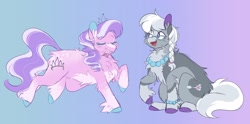 Size: 2523x1248 | Tagged: safe, artist:_pretzelprince_, artist:dazzledoves, derpibooru import, diamond tiara, silver spoon, earth pony, pony, alternate design, blaze (coat marking), chest fluff, coat markings, colored hooves, duo, ear fluff, eyes closed, female, filly, fluffy, gradient background, pale belly, sitting, socks (coat marking)