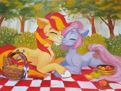 Size: 1080x812 | Tagged: safe, artist:sofiko-ko, derpibooru import, oc, oc only, earth pony, pony, apple, basket, blanket, bread, chest fluff, commission, eyes closed, female, food, forest, male, mare, nuzzling, oil painting, picnic, picnic basket, picnic blanket, shipping, smiling, stallion, straight, traditional art