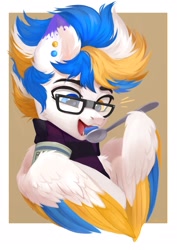 Size: 1527x2160 | Tagged: safe, artist:sofiko-ko, derpibooru import, oc, oc only, oc:alan techard, pegasus, pony, colored wings, commission, ear piercing, earring, eating, glasses, heterochromia, jewelry, multicolored wings, open mouth, piercing, solo, wings