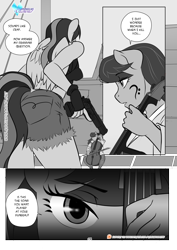 Size: 1200x1697 | Tagged: safe, artist:pia-sama, derpibooru import, octavia melody, rainbow dash, anthro, earth pony, pegasus, comic:rogue diamond, bow (instrument), cello, cello bow, comic, death threat, female, fishnet stockings, gun, imminent violence, mare, monochrome, musical instrument, threat, weapon