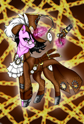 Size: 1080x1596 | Tagged: safe, artist:jvarts6112, derpibooru import, oc, oc:doctor gear, cyborg, pony, unicorn, chains, christmas, clock, evil, feather, female, gears, glasses, gun, hat, holiday, magic, meta, piercing, smiling, solo, steampunk, villainess, weapon